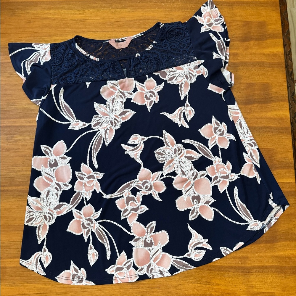 SJS Navy Floral Lace Yoke Blouse with Pink Accents